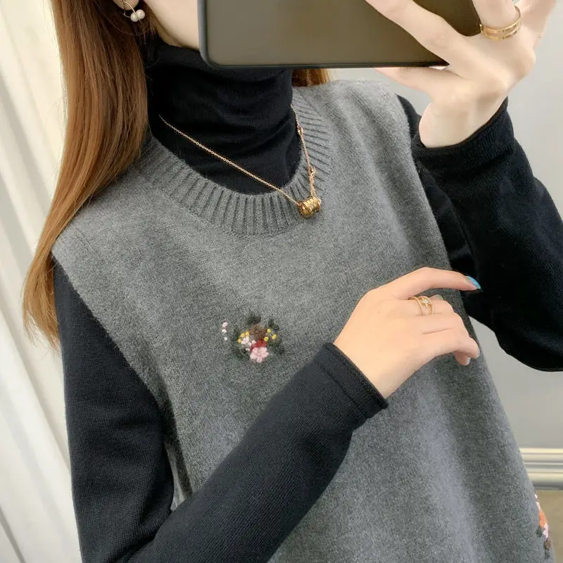 

Женский вязаный жилет с вышивкой, повседневный однотонный жилет без рукавов с V-образным вырезом, модель L733 на осень и зиму, 2021