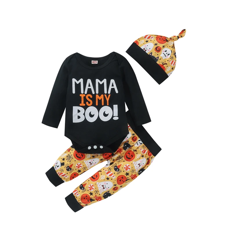 

3 шт., повседневные модные костюмы Pudcoco для Хэллоуина, фестиваля, с надписью, тыквой, призраком, с принтом, боди + брюки + шапка, наборы одежды