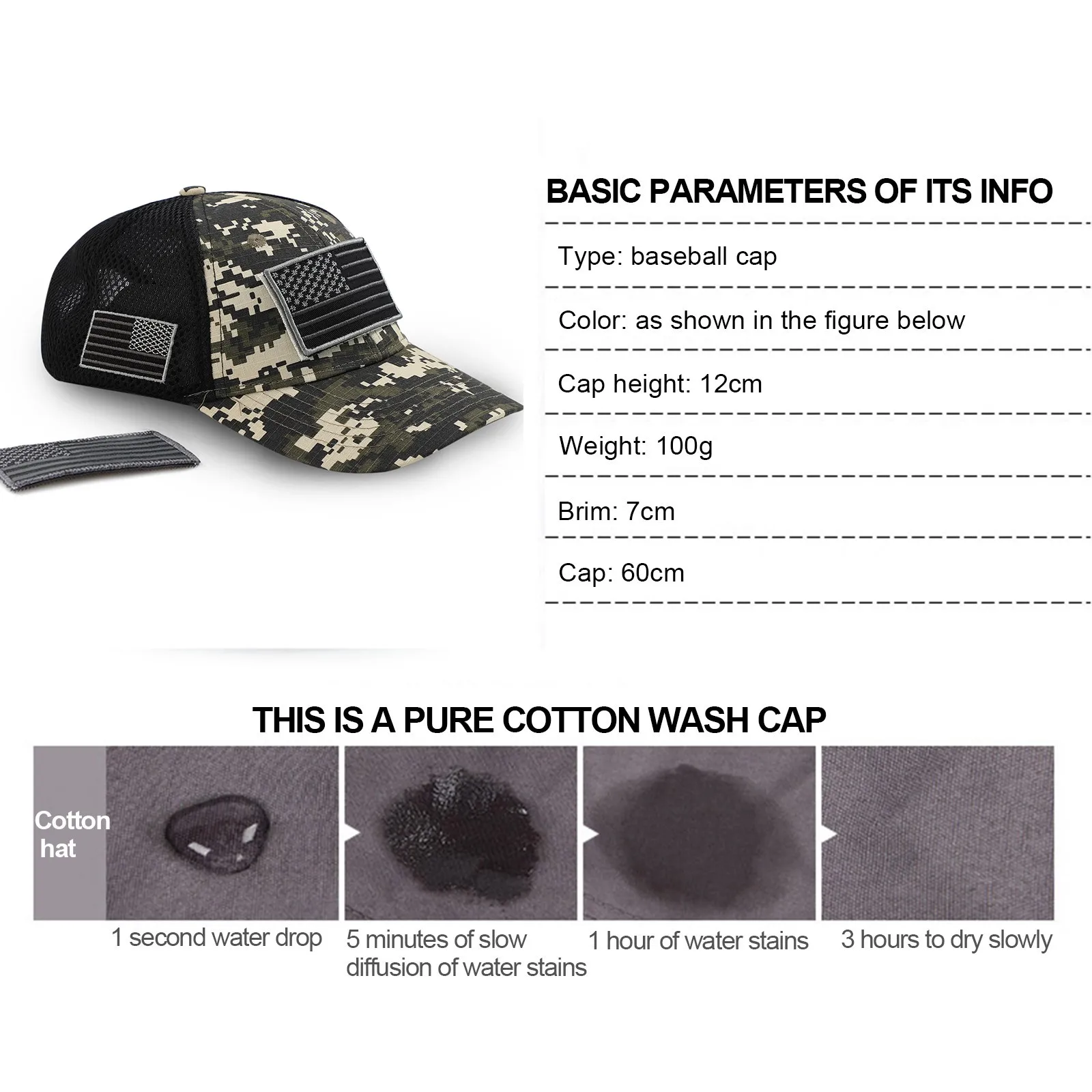 

Camouflage Baseball Cap Embroidered Mesh Hat Men's Cap Independence Day American Flag Patch