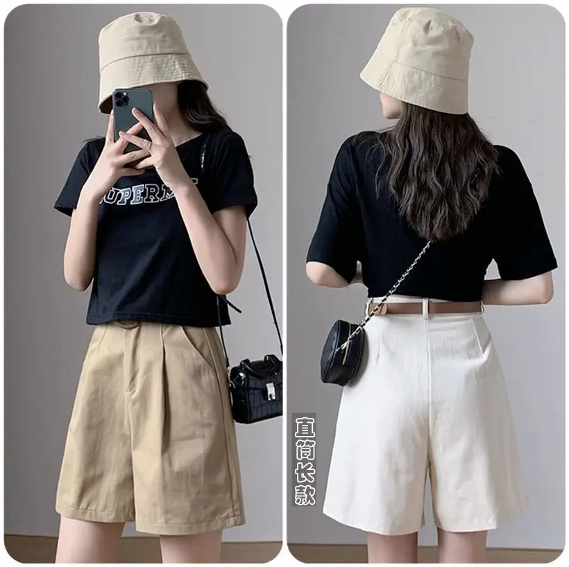 Streetwear Cargo Shorts Female Summer Korean Wide Leg Pants Loose Wild High Waist Ins Tide Casual Knee Length Pants Student 401