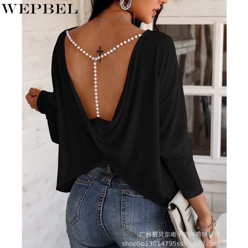 

WEPBEL Sexy Solid Color T-shirt Women's Loose Backless T-shirt Top Autumn Fashion Long Sleeve O-Neck Chain T-shirt