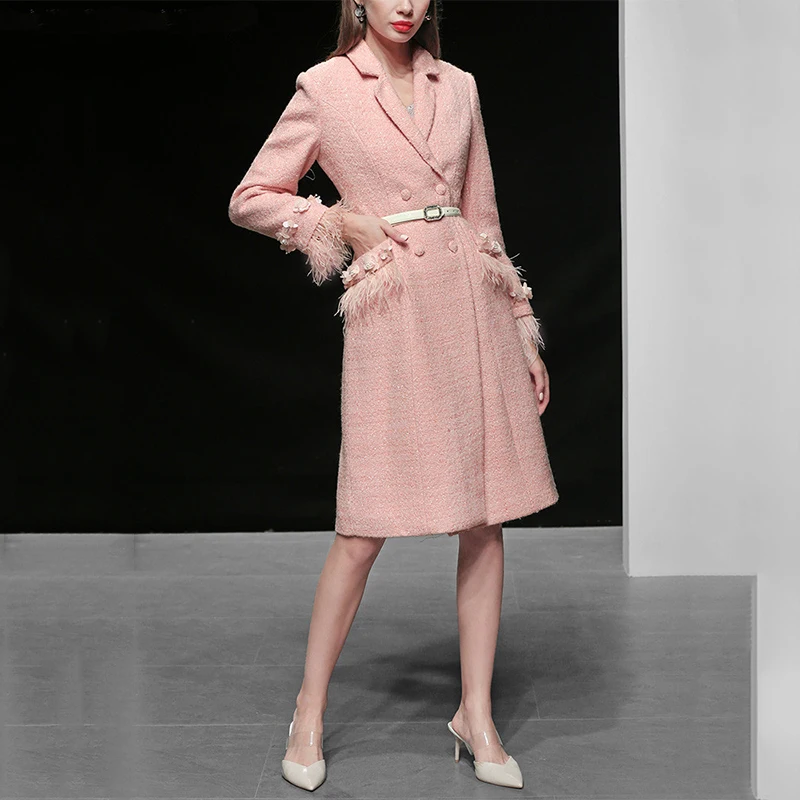 Elegant Feathers Double-breasted Winter Coat Women Runway Designer Thick Warm Pink Wool Coat Jacket High Quality Outwear