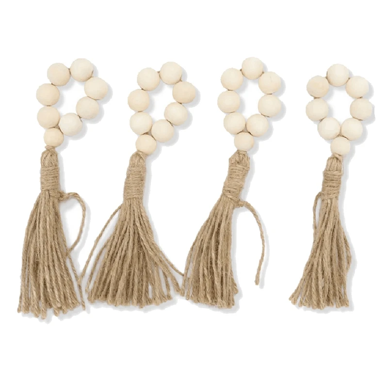 

4PCS Tassels Wooden Bead Handmade Napkin Buckles Napkin Rings Farmhouse Natural White Wooden Beads Tassels