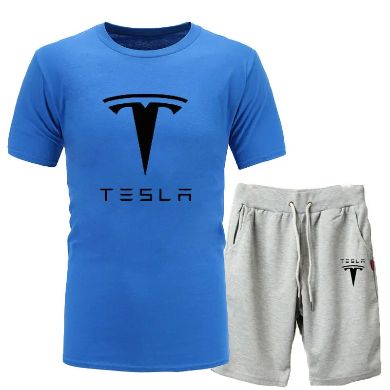 

2021NEW Men Clothing Sportswear Tesla Set Fitness Summer Print Men T shirt + short pant Men's Suit 2 Pieces suit