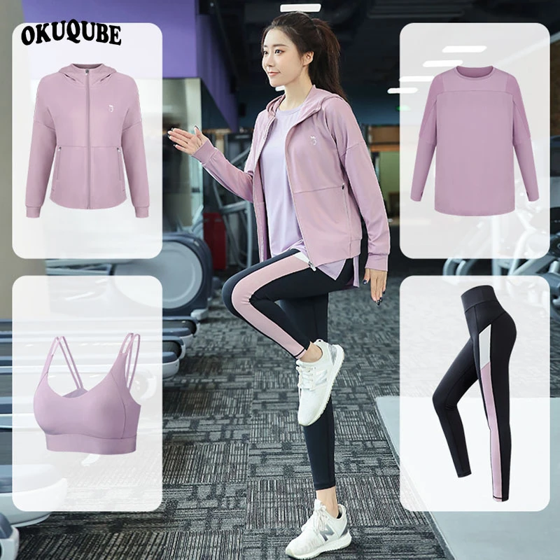 

Женские спортивные костюмы, 4 предмета в комплекте с капюшоном спортивная одежда дышащая спортивная одежда качества Йога бег тренажерный з...