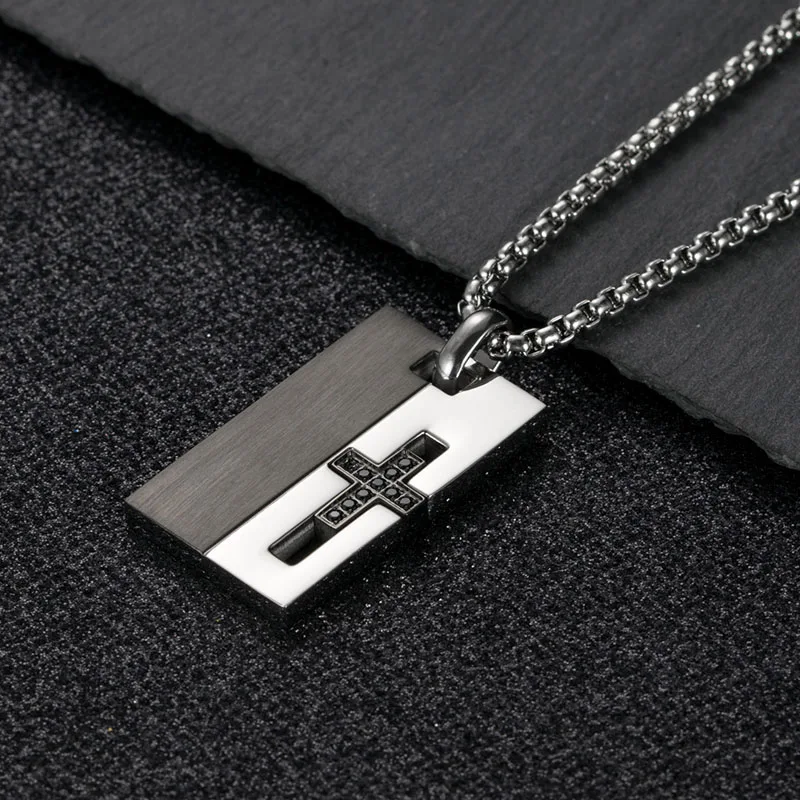 Men Jewelry Stainless Steel Crystal Dog Tag Pendant CZ Zircon Cross Necklaces Best Friend Gifts | Украшения и аксессуары