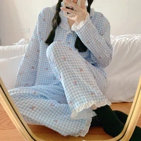 plaid pajamas women kawaii cherry print sleepwear lace pijama female set korean loungewear long sleeve autumn pyjamas suit