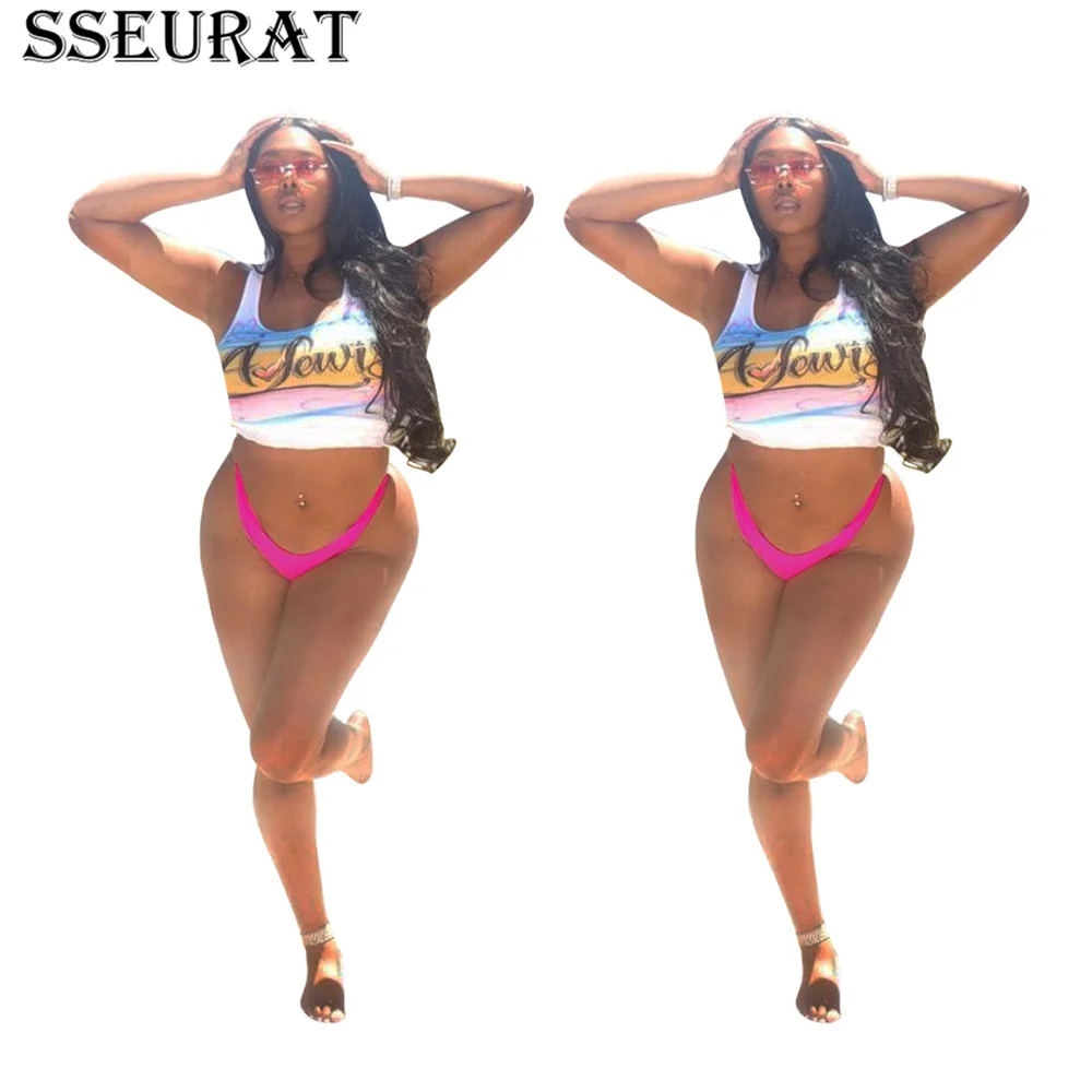 

Летний комплект бикини SSEURAT, купальники с буквенным принтом, сексуальная пляжная одежда, комплект бикини, купальный костюм, богемный женски...