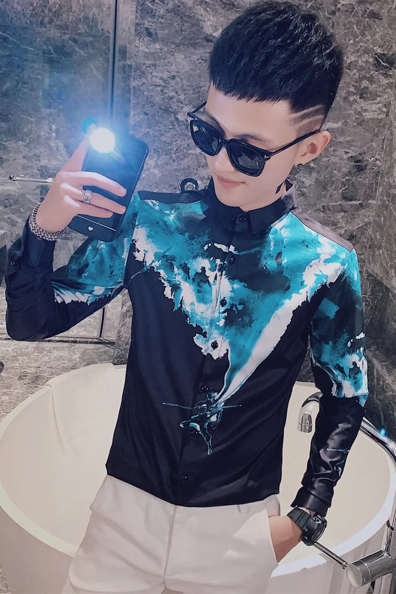 

2020 Autumn Men Shirts Long Sleeve Slim Fit Casual Shirt Fashion Print Streetwear Hip Hop Men Clothing Social Party Tops Camisas