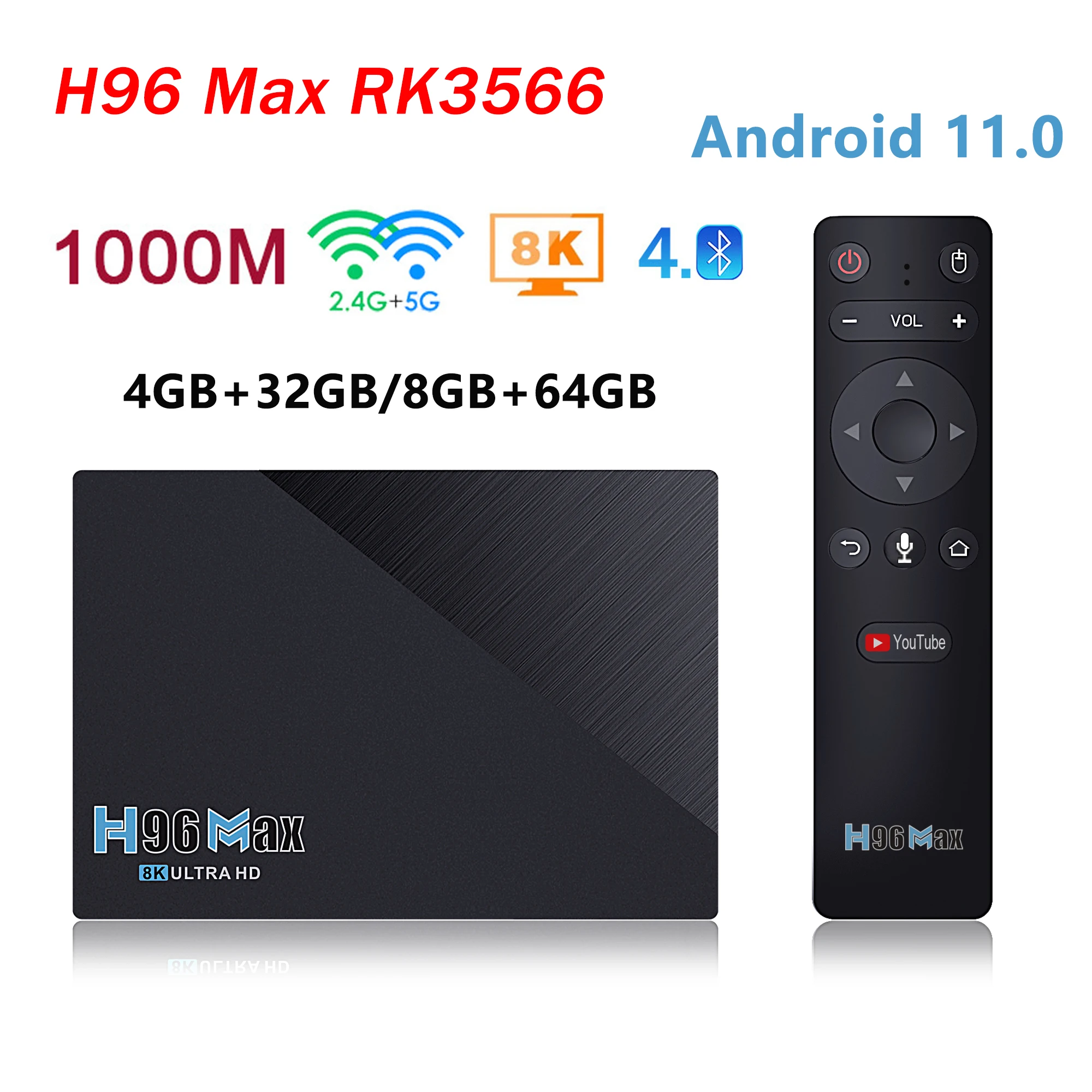 

H96 MAX RK3566 Quad-Core Android 11 TV BOX 8GB RAM 64GB ROM 1000M 2.4G/5G Wifi BT4.0 H96MAX TVBOX Set Top Box 4K Media Player