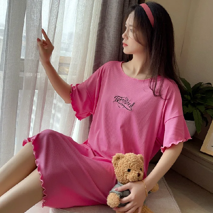 Summer New Short Sleeve Nightdress Women's Pit Stripe for  Korean Mid Skirt Nightgown & Sleepstirts Homewear Sleeping Wear
