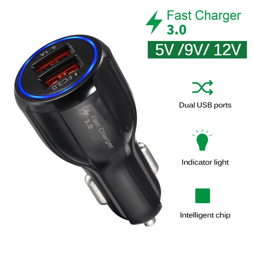 Автомобильное зарядное устройство двойной USB выход QC3.0 силовой светильник 3.1A Быстрая зарядка для IPhone 7 8 X устройства быстрой зарядки для S6 S5 Xiaomi Mi A1