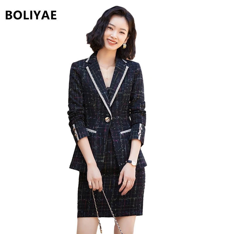 Boliyae Womens Blazer 2 Piece Set Formal Fashion Designer Plaid Jacket 2021 Spring and Autumn Office Ladies Suits with Skirt Trf