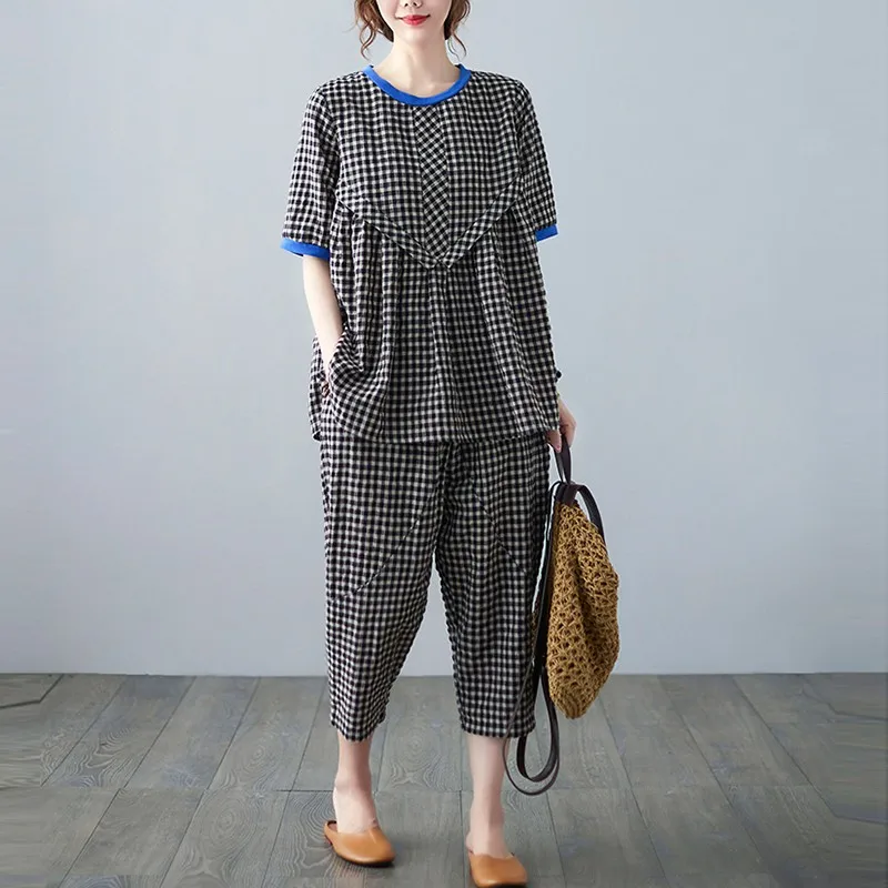 

2 Piece Sets Women Cotton Linen Casual Pants Suits New 2021 Summer Vintage Plaid Print Female Tops And Calf-length Pants B316
