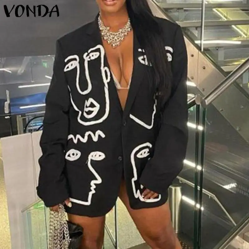 

VONDA Women Long Sleeve Coats Vintage Printed Suit Blazers Office Formal Jackets Female Retro Outerwear Veste Femme Overcoats