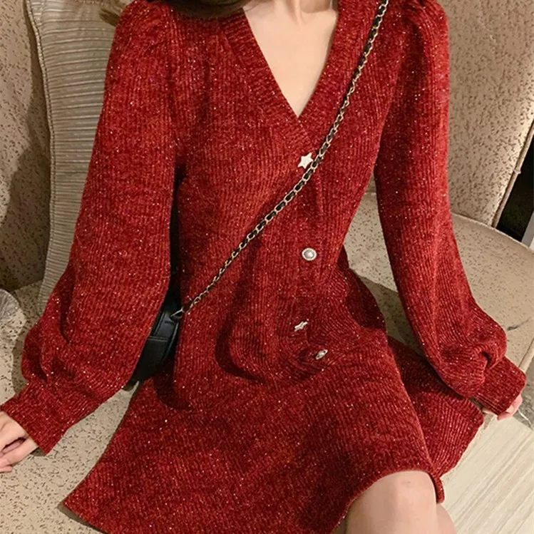 

Женское платье 2022 новый год красное винтажное платье с опущенными краями женское элегантное рождественское мини-платье женское приталенно...