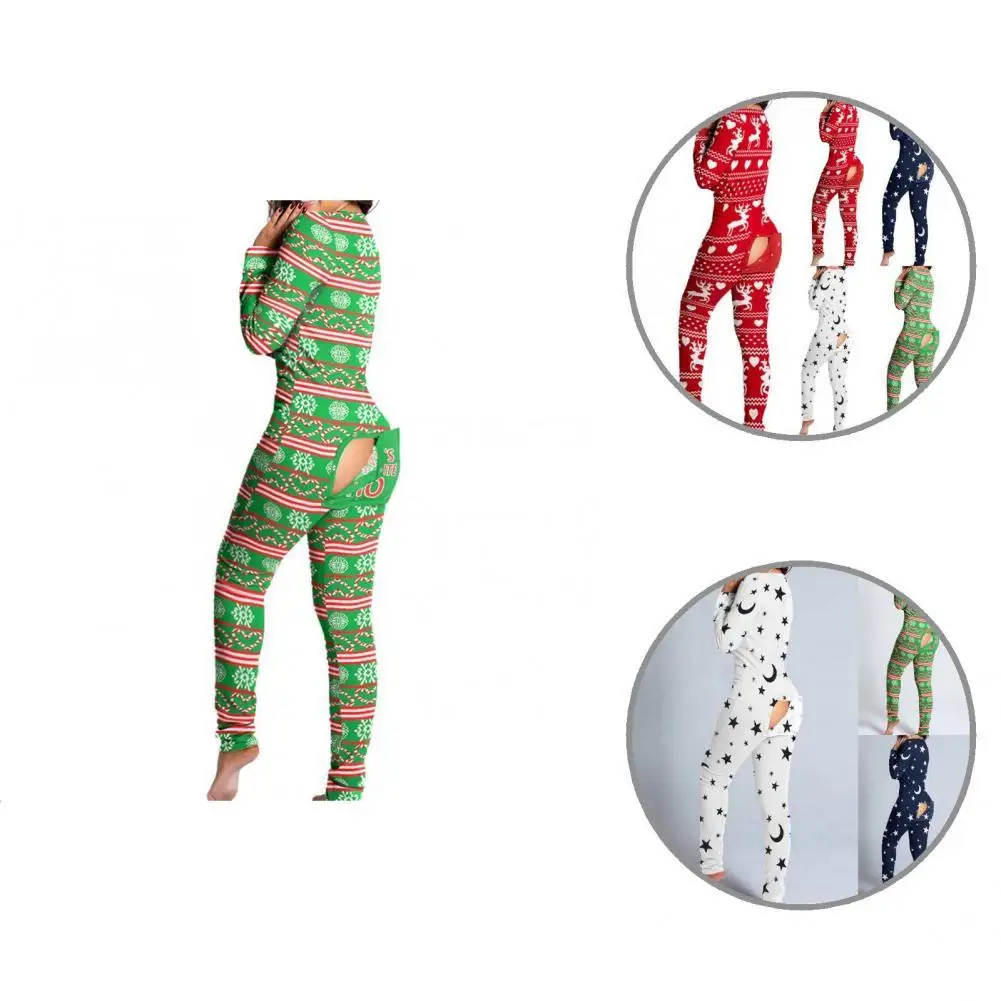 

Intimacy Terrific Elk Print Thin Female Romper Functional Buttoned Flap Women Pajamas V Neck for Bedroom