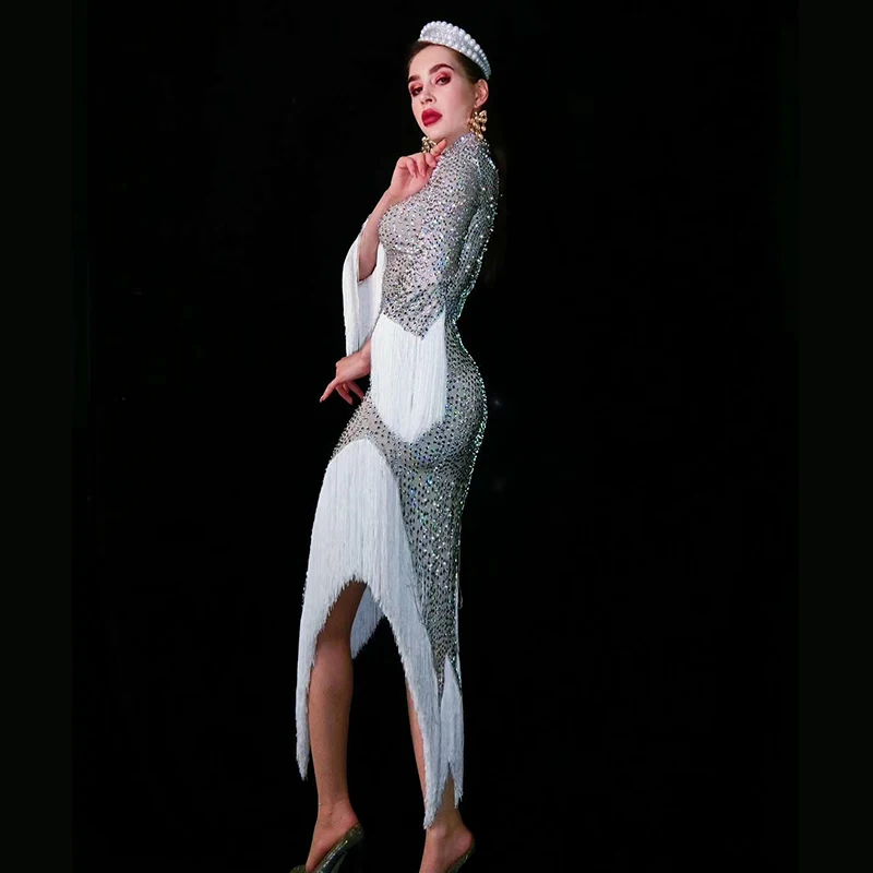 модные Блестящее платье с бахромой и кристаллами для женщин Клубная одежда