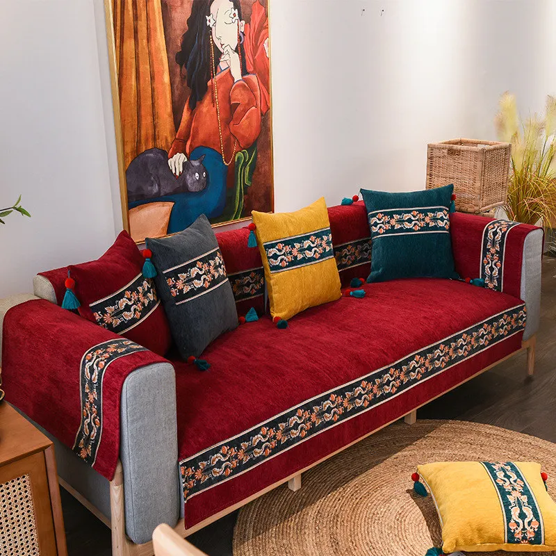 

Chinese Classical Embroidery Chenille Sofa Cover 4/3/2/1 Seater Slipcover for Living Room Recliner Couch Cover Armrest Towel Red