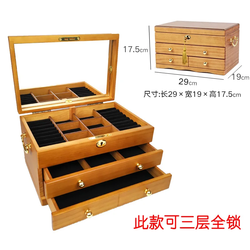 2021 New 3-Layer Wooden Jewelry Box With Lock Retro Flannel Jewelry Earrings Necklace Bracelet Storage Box