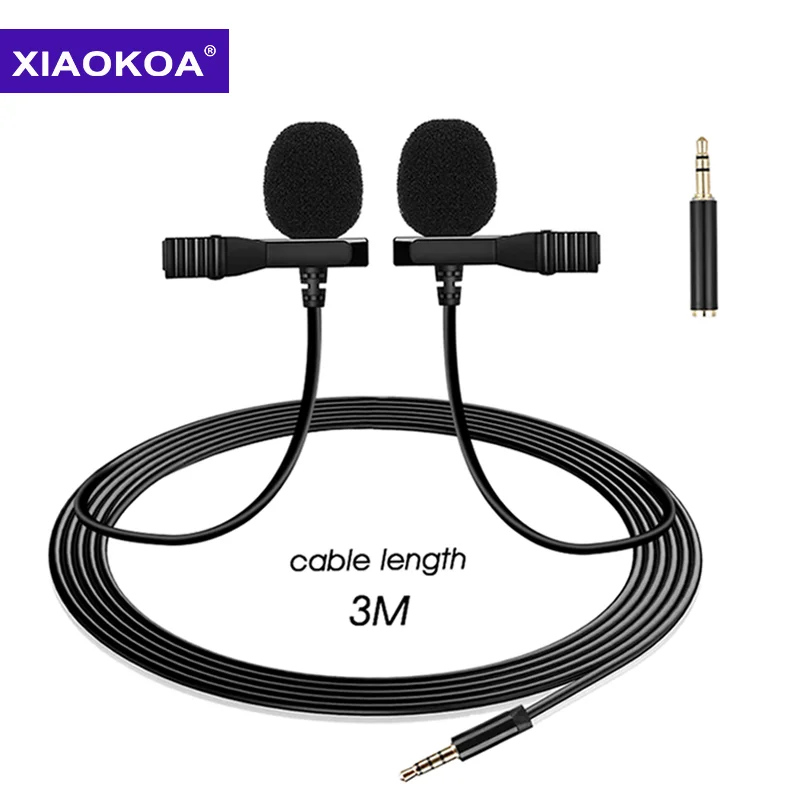

Петличный микрофон XIAOKOA, всенаправленный, с двумя лацканами, 3 м, для телефона, iphone, GoPro, DSL, для записи видео, YouTube, Vlog, интервью