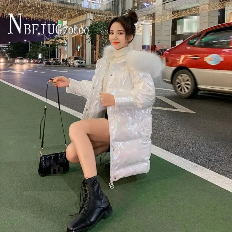 

White Pink Blue Colors S-XL Women Parkas Faux Fur Collar Long Style Female Coat