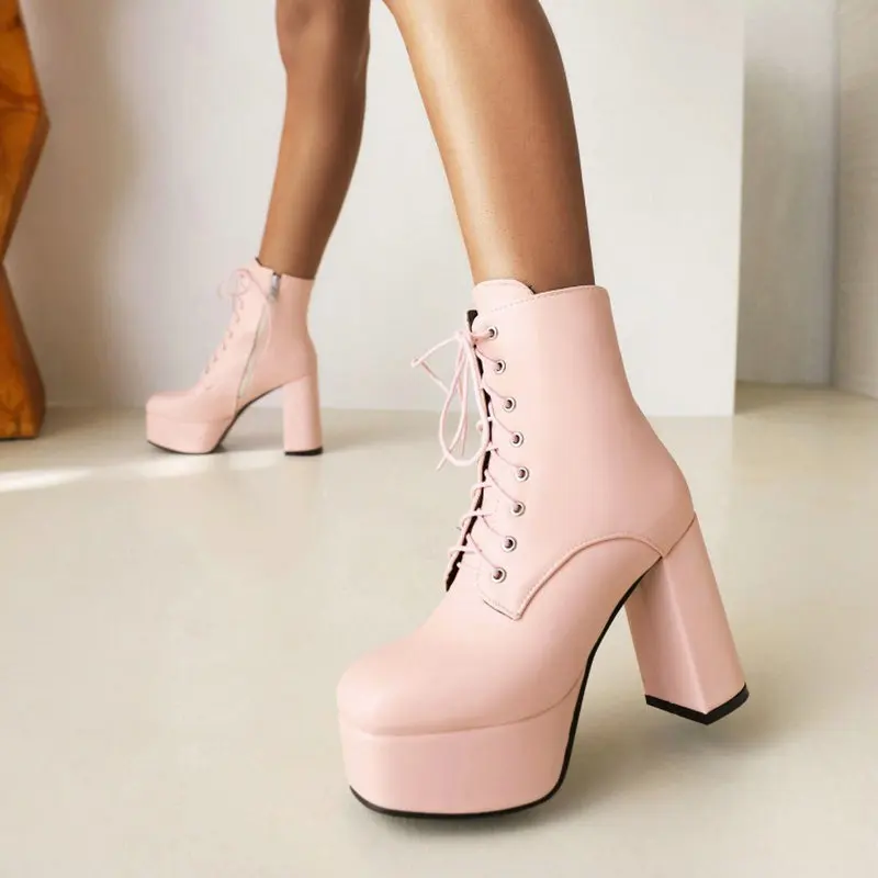 

Sianie Tianie Plain Pink White Black Gothic Punk Lace-up Woman Shoes Winter Block High Heels Ankle Platform Riding Boots Women