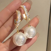 2021 new korean style white pearl drop earrings for women shiny rhinestone temperament earring wedding party engagement jewelry