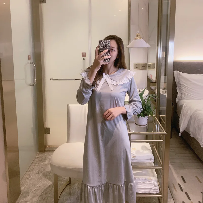 Spring Autumn Long Sleeve Fairy Palace Nightdress Women Doll Collar Princess Wind Milk Silk Striped Nightgown Home Clothes