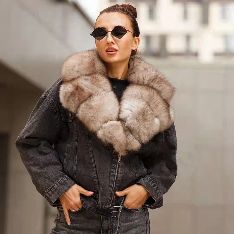 Denim Jacket With Fur Collar Winter Women Parka Real Fox Coat 2021 New Style 100% Natural Female | Женская одежда