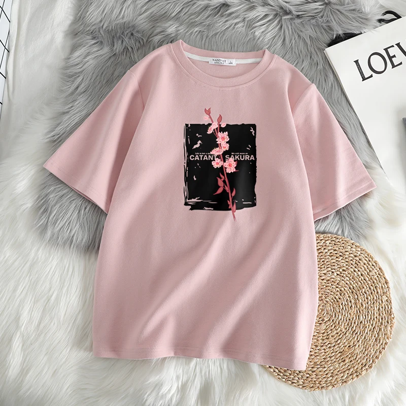 

Женская футболка Sakura из 95% хлопка, новинка 2021, женская одежда, топ с принтом в виде цветков вишни, городская футболка с графическим принтом, э...