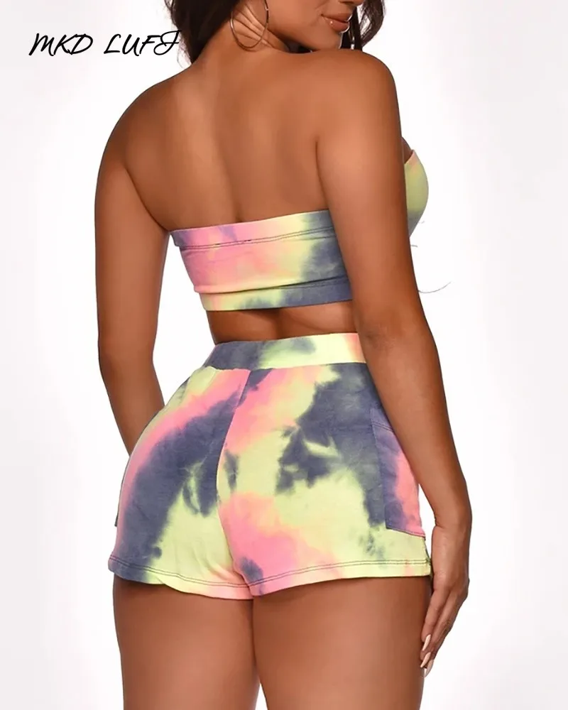 Bandeau Tie Dye Print Eyelet Lace-up Top &amp Shorts Set | Женская одежда