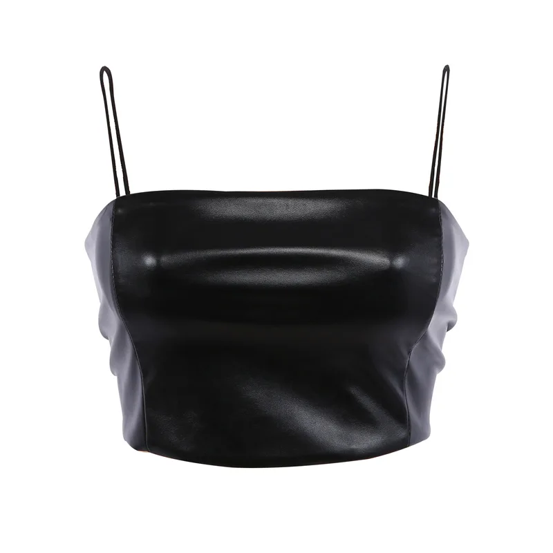 

New Women Sling Short Umbilical PU Sleeveless Vest Punk Style Nightculb Fashion Tops Tank Tops Sexy Women Corset Top 2021
