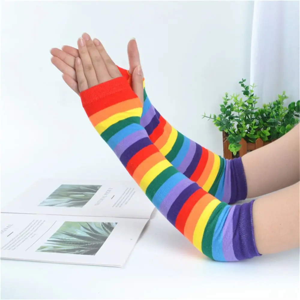 

Girl Striped Winter Rainbow Colored Fingerless Arm Sleeve Halloween Costume Gloves Knitted Sunscreen Warmer