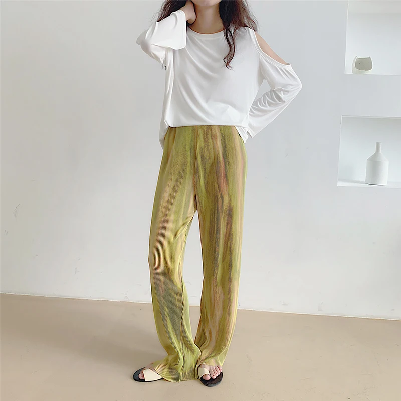 

Tie Dye Full Length Pants Women Trendy Pleated Summer Soft High Waisted Chic Ladies Trousers Vintage Print Womens Pant