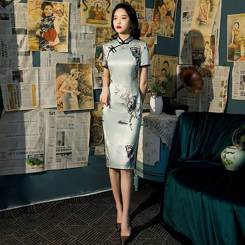 

Chinese Elegant Knee-Length Cheongsam Vintage Short Sleeve Printed Rayon Satin Qipao Ladies Party Split Wedding Dress
