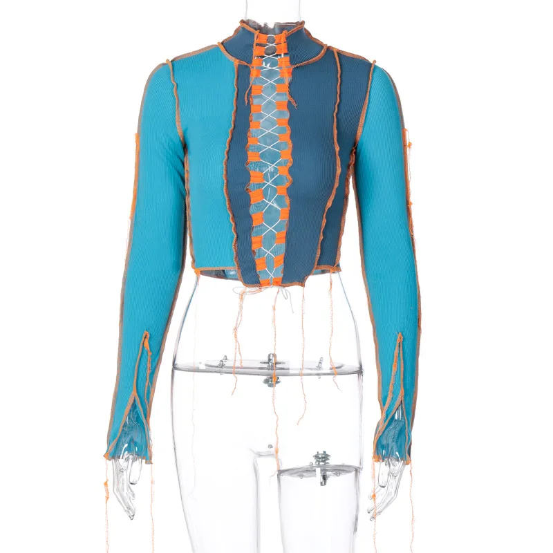 

yuqung Patchwork Women lace up Long Sleeve Crop Top Hot Hollow Out Bodycon Club Ribbed T Shirts knitwear Autumn tshirt 2020 blue