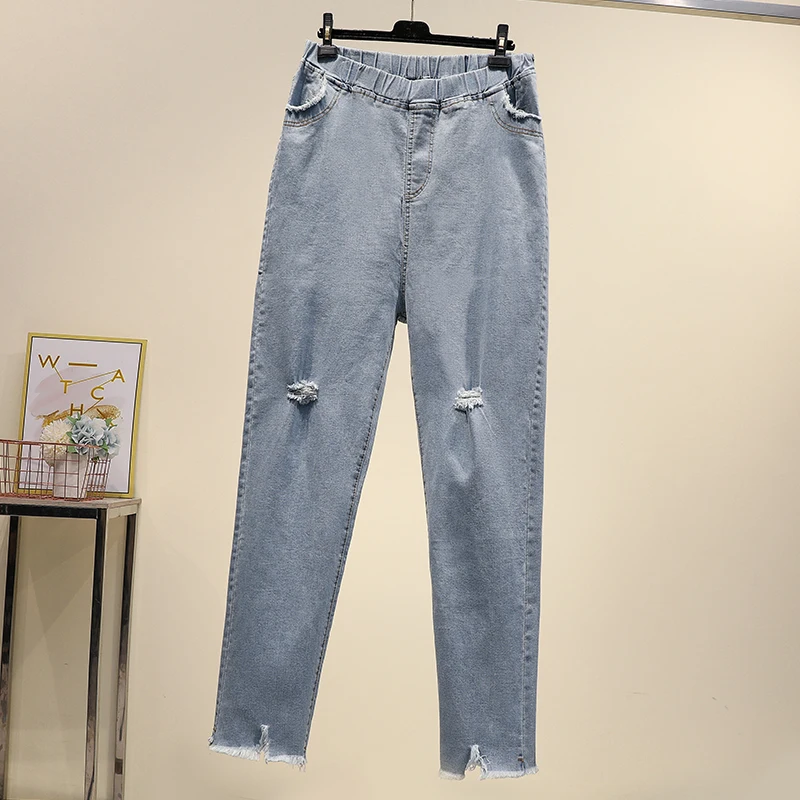 

New Spring Autumn Korean Style Fashion Women Elastic Waist Pocket Hole Jeans Slim Denim Pants