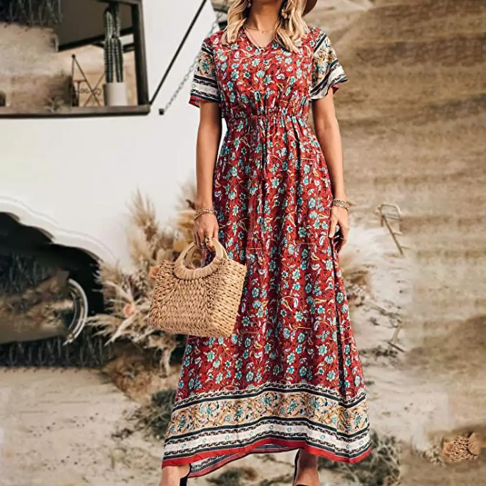 

Happie Queens hippie women Multi floral print Bohemian dress ladies short sleeve off shoulder sashes rayon maxi dresses vestidos