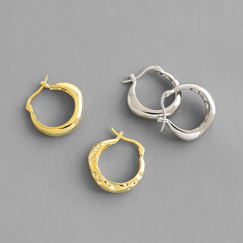 

100% 925 sterling silver irregular surface circle hoop earrings for women bijoux femme, gold color metal earings hoops jewelry