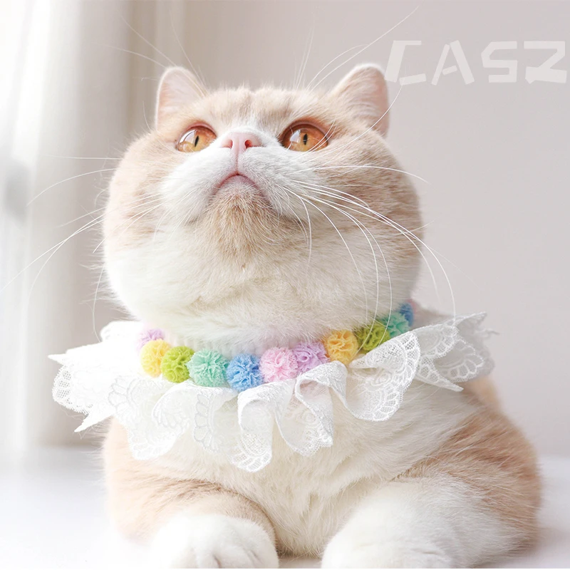 

Handmade Pet Rainbow Colored Furball Lace Collar Wool Knitted Lace Saliva Towel Teddy Bichon Bib Cat Bib Kitten Accessories