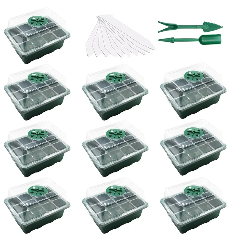 

10-pack Seed Starter Trays Nursery Pots Seedling Tray Humidity Adjustable Switch Garden Decor Accessories 12 Cells Per Tray