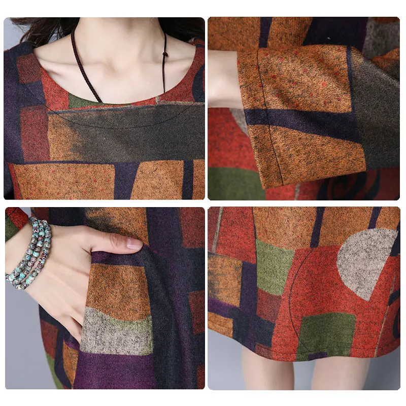 Lusumily платье с длинными рукавами размера плюс Ретро стиль рисунком Повседневная