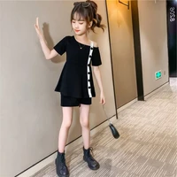 girls polyester clothes sets summer children fashion buttons design black short sleeve top and shorts kids two piece suit