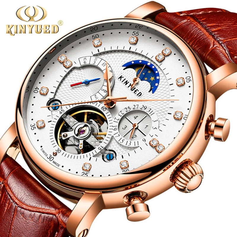 KINYUED Leather Diamond Display Mechanical Watch Mens Watches Top Brand Luxury Automatic Tourbillion Calendar Moon Phase | Наручные часы