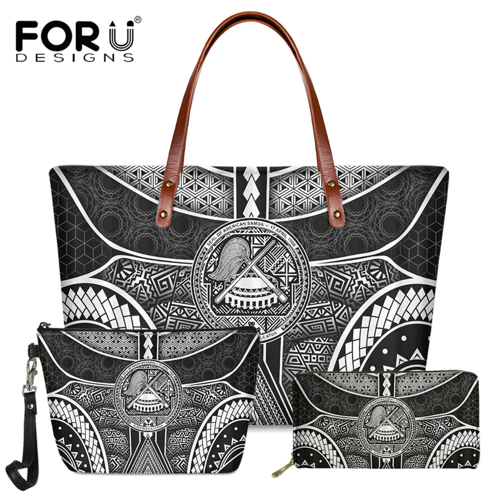 

FORUDESIGNS Polynesian American Samoa Coat of Arm with Poly Patterns Handbags Set Women Big Size Tote Bag Casual Purse for Youth