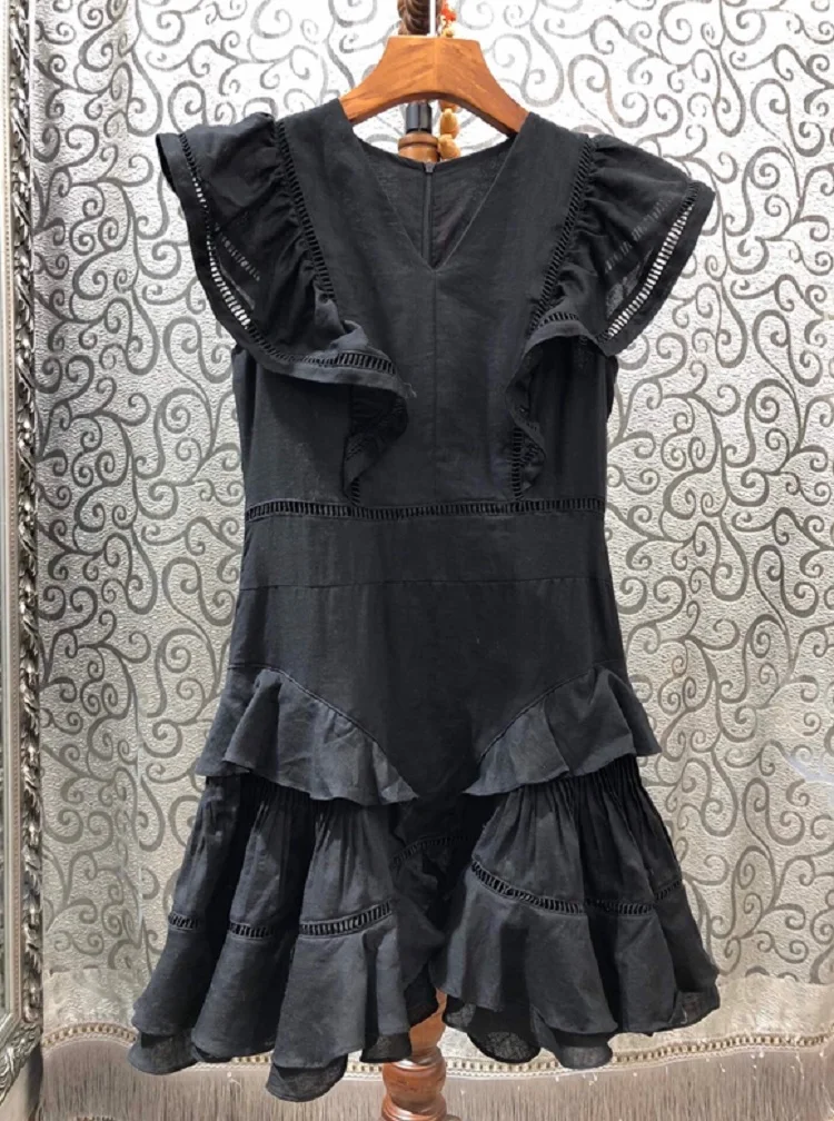 

& Slim Fit Flare Dress 2021 Spring Summer Sexy Party Club Ladies V-Neck Hollow Out Embroidery Ruffle Sexy Cotton Dress Mini