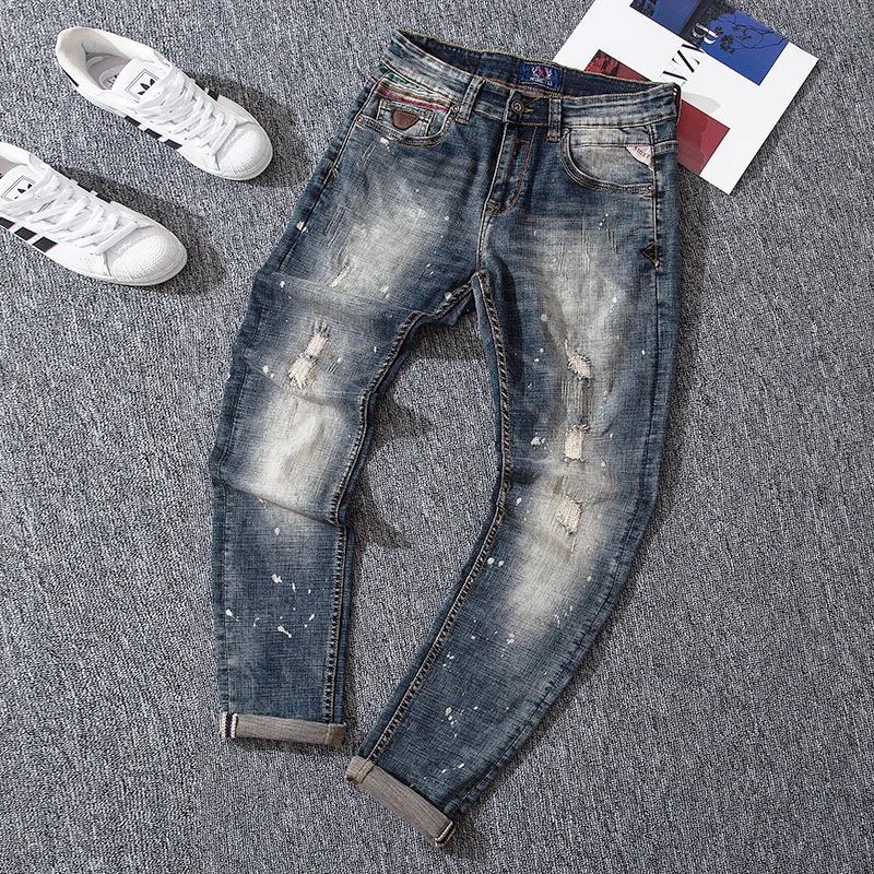 

Italian Fashion Men Jeans High Quality Elastic Retro Blue Slim Fit Ripped Jeans Men Dirty Washed Painted Designer Denim Pants