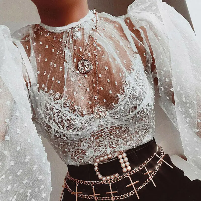 

Smock Tops See-through Spring Puff Ladies Sheer Mesh Sleeve Women Dot Blouse Women Tops Summer Sexy Polka Blouse Long Shirt She