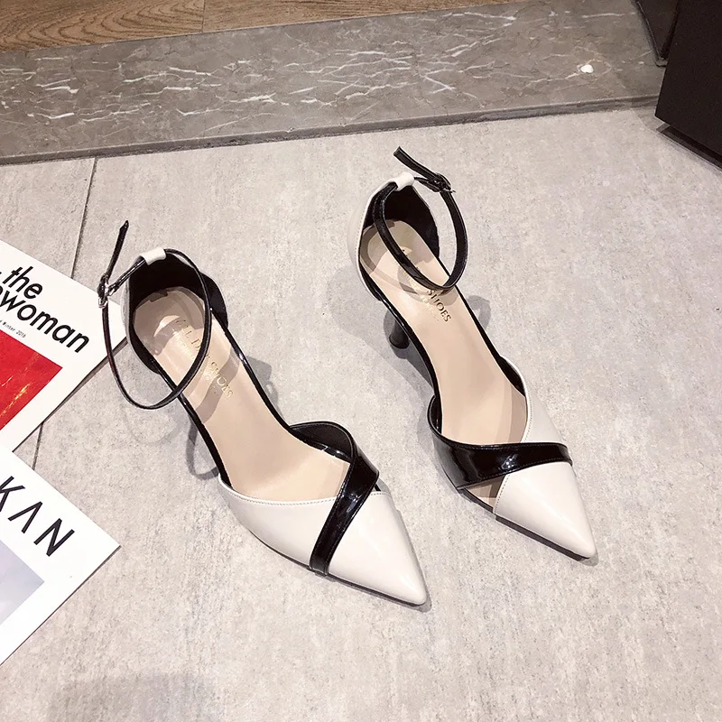 

2020 new black fashion temperament one line buckle sandals high heels women's slim heel pointed sexy versatile shoes